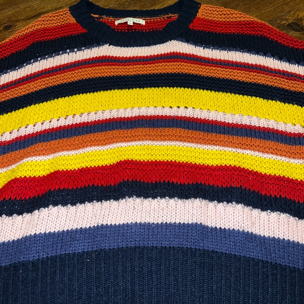 Angel Kiss Boho Red Colorful Oversized Acrylic Knit Y2K Crewneck Sweater Size L - Picture 6 of 9